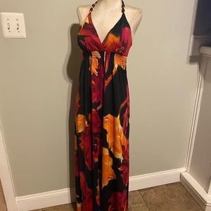 Floral Halter Maxi Dress - Black, Red, Orange-C